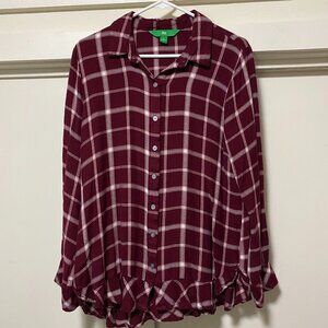 dip, long sleeve, burgundy flannel plaid, button-down shirt w/frills, size L